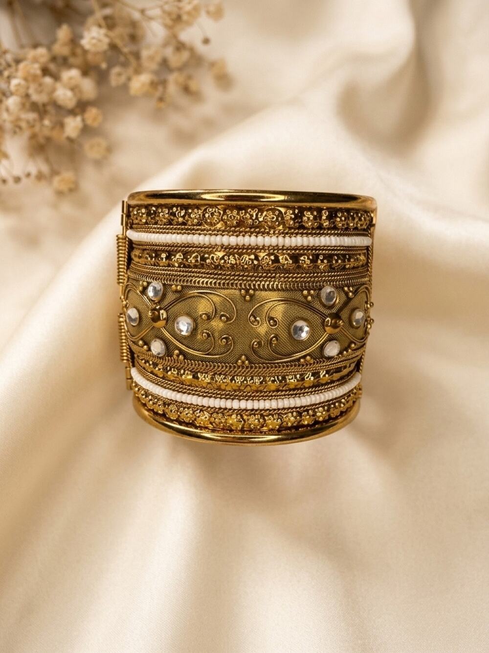 Ornate Gold Tone Wide Cuff Bracelet White Beads Rhinestones